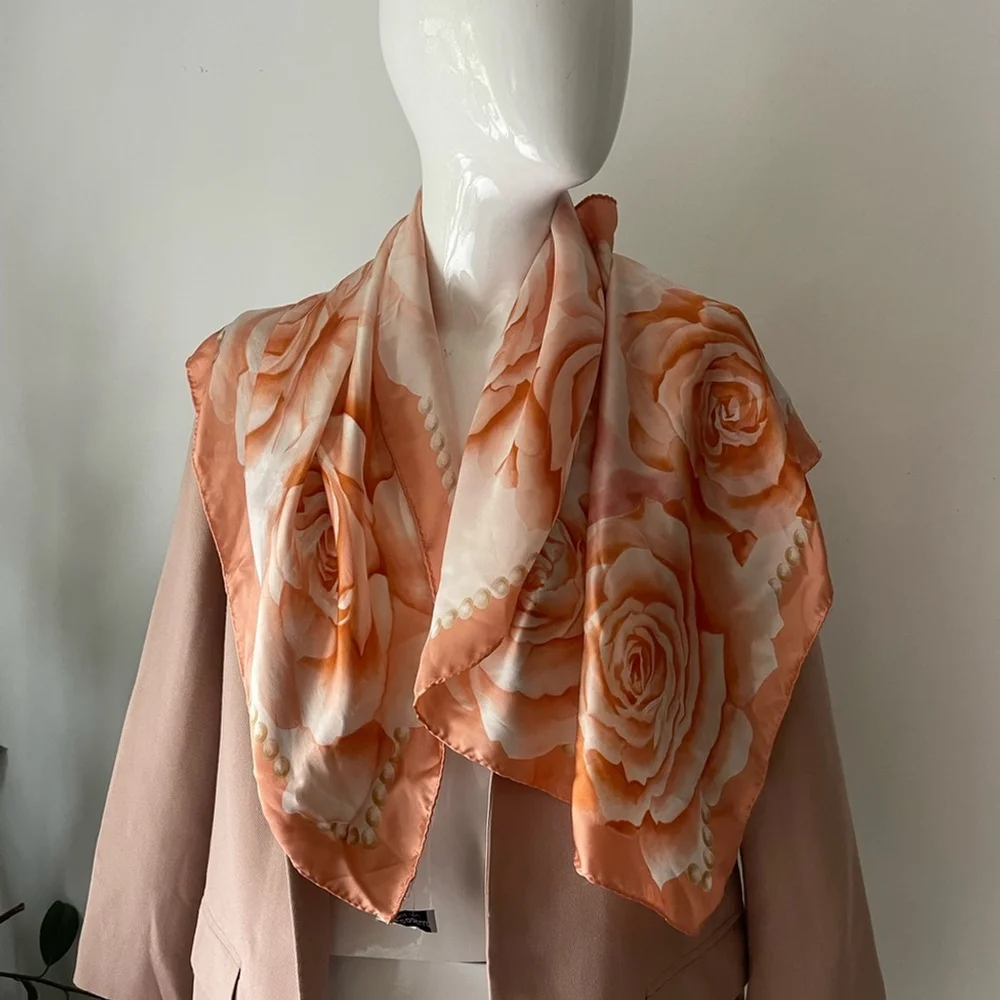 Vintage Codello silk scarf peach roses print floral